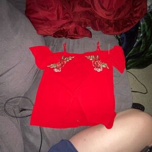 Red Floral Embroidered Women's Top